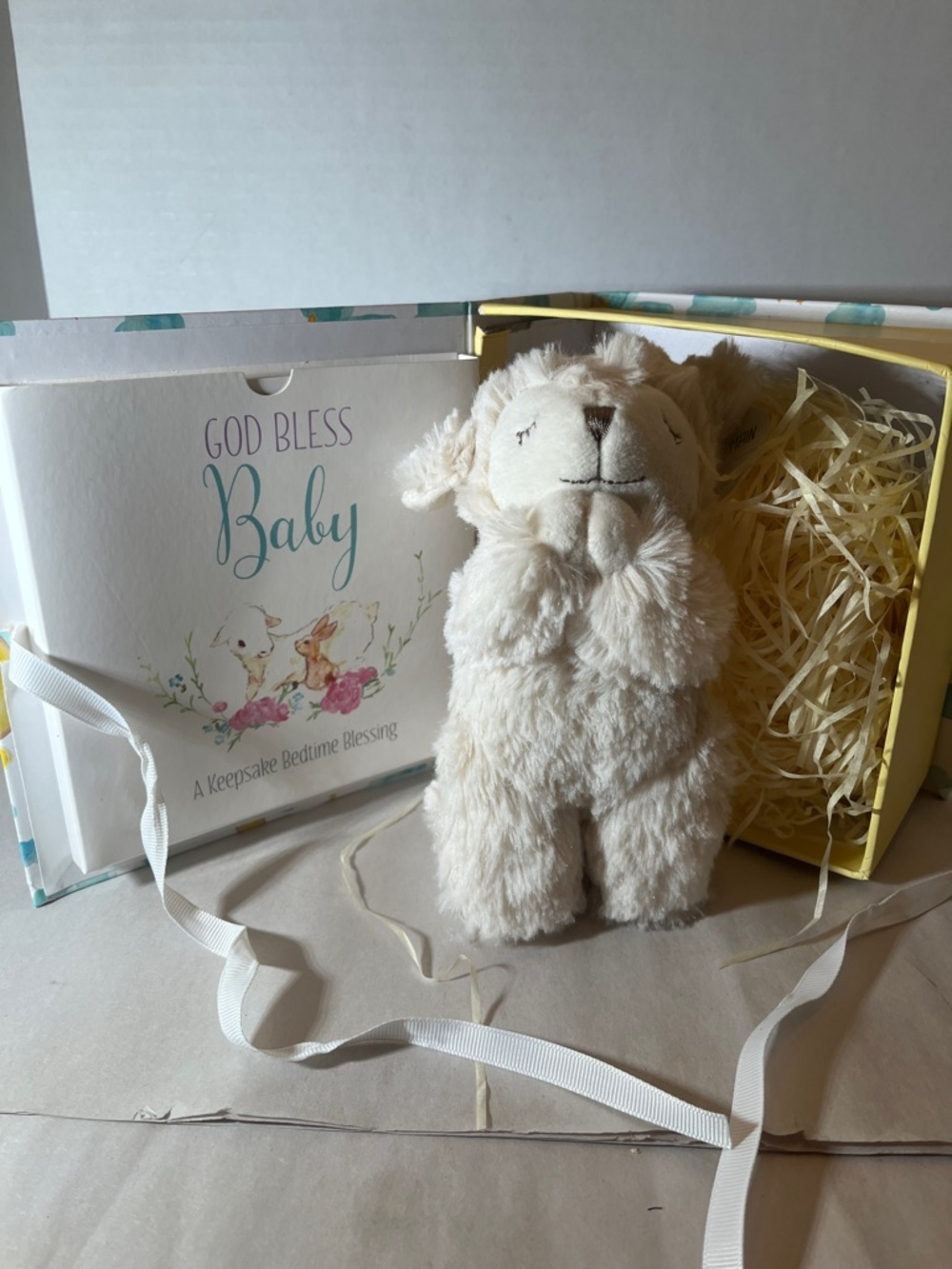 God Bless Baby Plush Lamb Stuffed Animal - Cream press tummy prayer, book